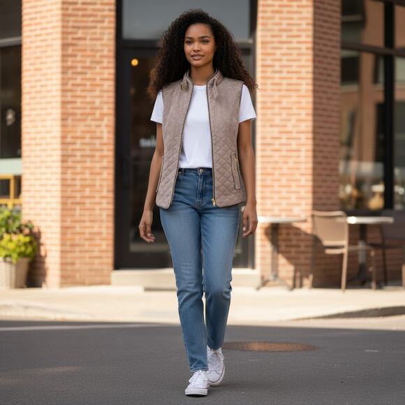 Quilted Vest Taupe Faux Suede Puffer Gold Hardware Ribbed Side Panels Size M - Picture 1 of 9
